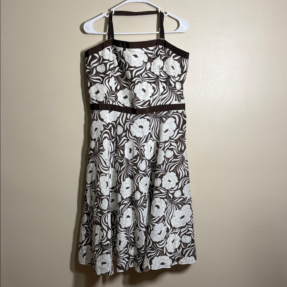 Ann Taylor Cream Silk Blend Floral Print Strapless A-Line Midi Dress Size 14